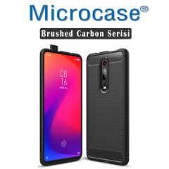 Microcase Xiaomi Redmi K20  Brushed Carbon Fiber Silikon Kılıf- Siyah + Tam Kaplayan Çerçeveli Cam