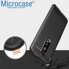 Microcase Xiaomi Redmi K20  Brushed Carbon Fiber Silikon Kılıf- Siyah + Tam Kaplayan Çerçeveli Cam