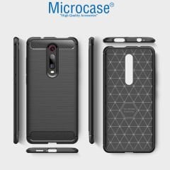 Microcase Xiaomi Redmi K20  Brushed Carbon Fiber Silikon Kılıf- Siyah + Tam Kaplayan Çerçeveli Cam