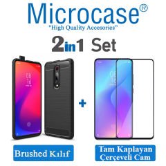 Microcase Xiaomi Mi 9T  Brushed Carbon Fiber Silikon Kılıf- Siyah + Tam Kaplayan Çerçeveli Cam
