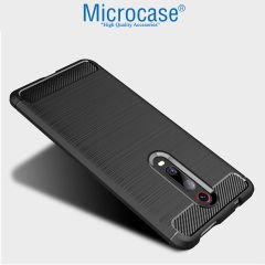 Microcase Xiaomi Mi 9T  Brushed Carbon Fiber Silikon Kılıf- Siyah + Tam Kaplayan Çerçeveli Cam