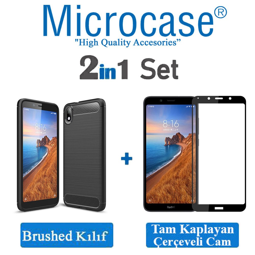 Microcase Xiaomi Redmi 7A  Brushed Carbon Fiber Silikon Kılıf- Siyah + Tam Kaplayan Çerçeveli Cam