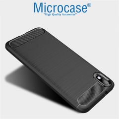 Microcase Xiaomi Redmi 7A  Brushed Carbon Fiber Silikon Kılıf- Siyah + Tam Kaplayan Çerçeveli Cam