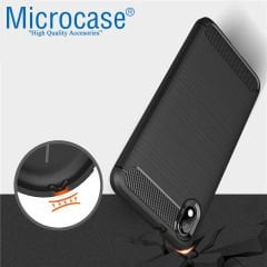 Microcase Xiaomi Redmi 7A  Brushed Carbon Fiber Silikon Kılıf- Siyah + Tam Kaplayan Çerçeveli Cam