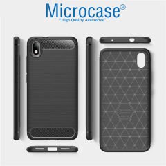 Microcase Xiaomi Redmi 7A  Brushed Carbon Fiber Silikon Kılıf- Siyah + Tam Kaplayan Çerçeveli Cam