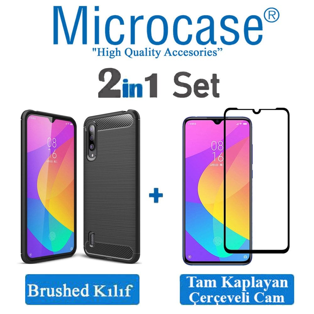 Microcase Xiaomi Mi 9 Lite Brushed Carbon Fiber Silikon Kılıf + Tam Kaplayan Çerçeveli Cam - Siyah