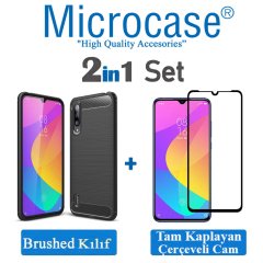 Microcase Xiaomi Mi CC9e Mi A3 Brushed Carbon Fiber Silikon Kılıf + Tam Kaplayan Çerçeveli Cam - Siyah