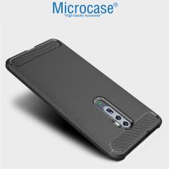 Microcase Oppo Reno 10x Zoom Brushed Carbon Fiber Silikon Kılıf + Tam Kaplayan Çerçeveli Cam - Siyah