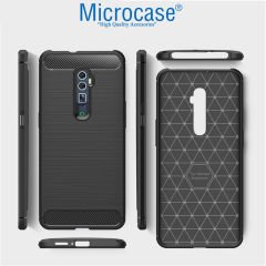Microcase Oppo Reno 10x Zoom Brushed Carbon Fiber Silikon Kılıf + Tam Kaplayan Çerçeveli Cam - Siyah