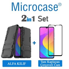 Microcase Xiaomi Mi CC9E Mi A3 Alfa Serisi Armor Standlı Perfect Koruma Kılıf + Tam Kaplayan Çerçeveli Cam - Siyah