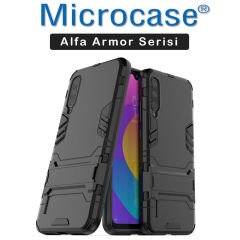 Microcase Xiaomi Mi CC9E Mi A3 Alfa Serisi Armor Standlı Perfect Koruma Kılıf + Tam Kaplayan Çerçeveli Cam - Siyah