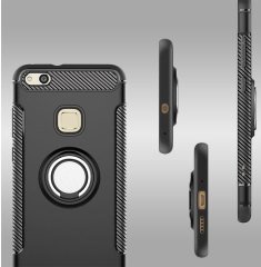 Huawei P10 Lite Yüzük standlı Armor Silikon Kılıf + Tempered Cam
