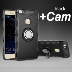 Huawei P10 Lite Yüzük standlı Armor Silikon Kılıf + Tempered Cam