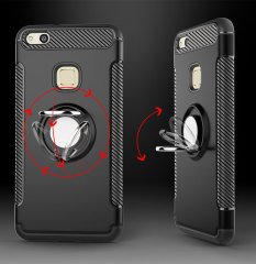 Huawei P10 Lite Yüzük standlı Armor Silikon Kılıf + Tempered Cam