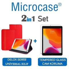 Microcase iPad 7.Nesil 10.2 2019 Delüx Serisi Universal Standlı Deri Kılıf - Kırmızı + Tempered Glass Cam Koruma