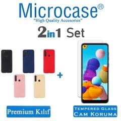 Microcase Samsung Galaxy A21 Premium Matte Silikon Kılıf + Tempered Glass Cam Koruma