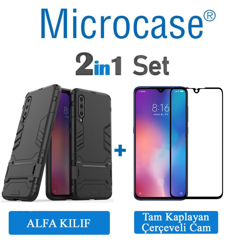 Microcase Xiaomi Mi 9 Explorer Alfa Serisi Armor Standlı Perfect Koruma Kılıf + Tam Kaplayan Çerçeveli Cam - Siyah