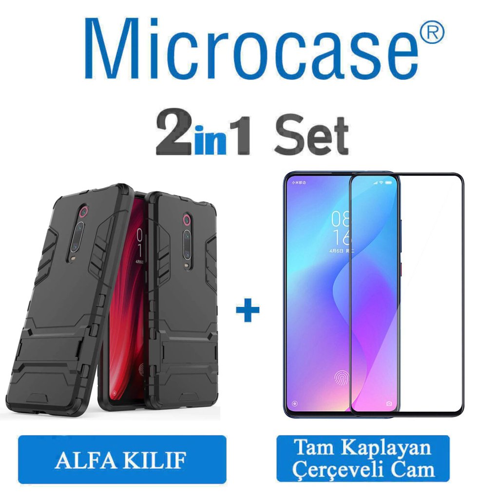 Microcase Xiaomi Mi 9T Alfa Serisi Armor Standlı Perfect Koruma Kılıf + Tam Kaplayan Çerçeveli Cam - Siyah