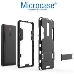 Microcase Xiaomi Mi 9T Alfa Serisi Armor Standlı Perfect Koruma Kılıf + Tam Kaplayan Çerçeveli Cam - Siyah