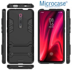 Microcase Xiaomi Mi 9T Alfa Serisi Armor Standlı Perfect Koruma Kılıf + Tam Kaplayan Çerçeveli Cam - Siyah