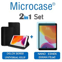 Microcase iPad 7.Nesil 10.2 2019 Delüx Serisi Universal Standlı Deri Kılıf - Siyah + Nano Esnek Ekran Koruma Filmi