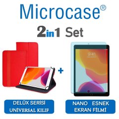 Microcase iPad 7.Nesil 10.2 2019 Delüx Serisi Universal Standlı Deri Kılıf - Kırmızı + Nano Esnek Ekran Koruma Filmi