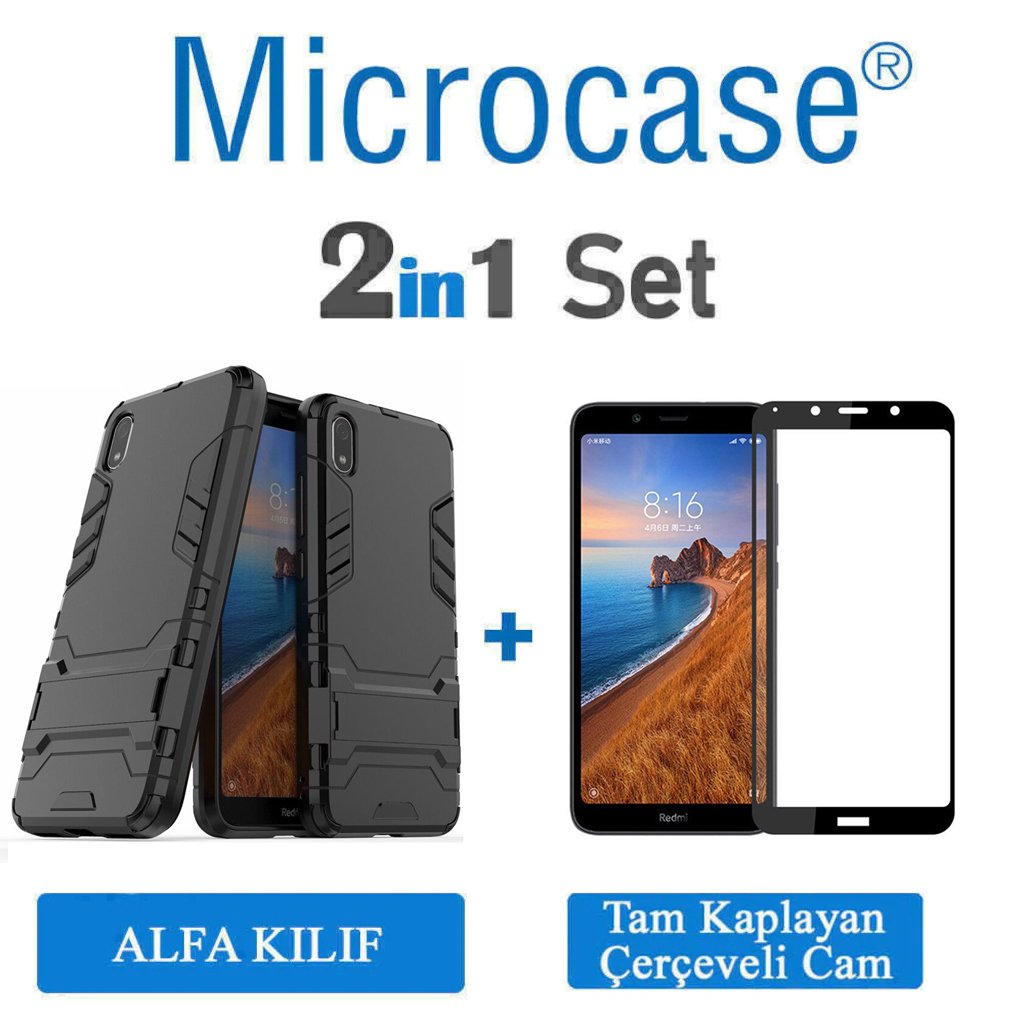 Microcase Xiaomi Redmi  7A  Alfa Serisi Armor Standlı Perfect Koruma Kılıf + Tam Kaplayan Çerçeveli Cam - Siyah