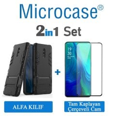 Microcase Oppo Reno  Alfa Serisi Armor Standlı Perfect Koruma Kılıf + Tam Kaplayan Çerçeveli Cam - Siyah