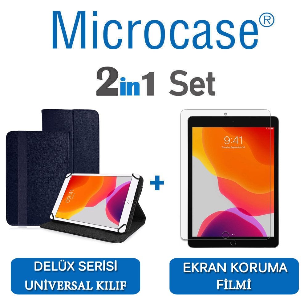 Microcase iPad 7.Nesil 10.2 2019 Delüx Serisi Universal Standlı Deri Kılıf - Lacivert + Ekran Koruma Filmi