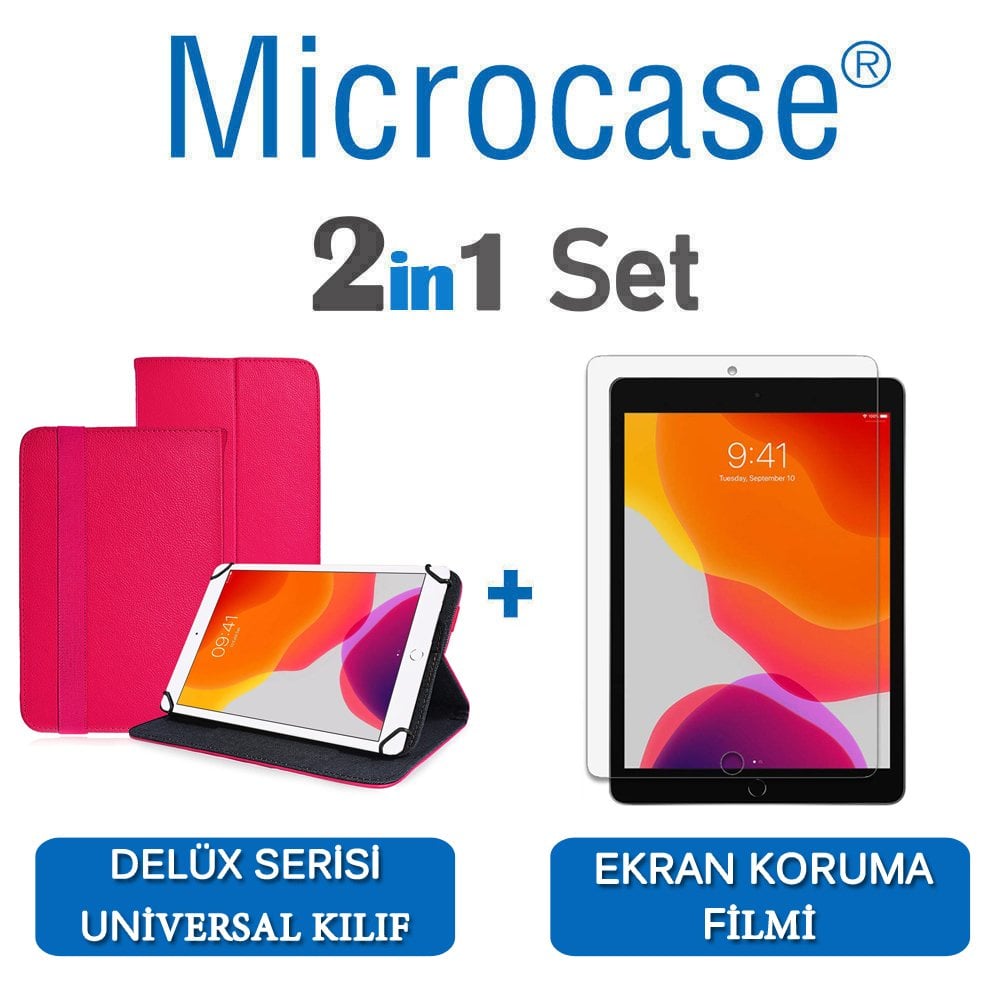 Microcase iPad 7.Nesil 10.2 2019 Delüx Serisi Universal Standlı Deri Kılıf - Pembe + Ekran Koruma Filmi