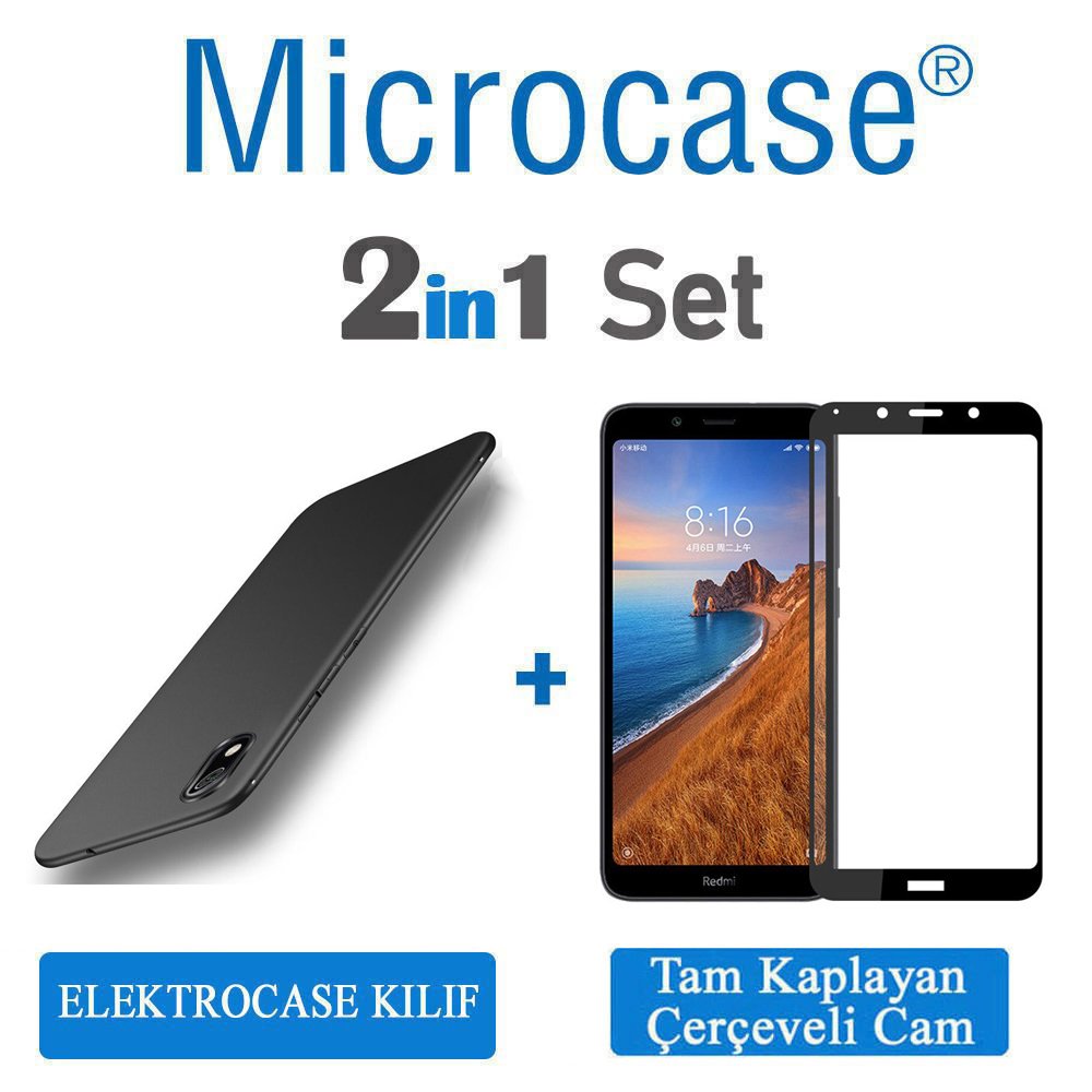Microcase Xiaomi Redmi 7A Elektrocase Serisi Silikon Kılıf + Tam Kaplayan Çerçeveli Cam - Siyah