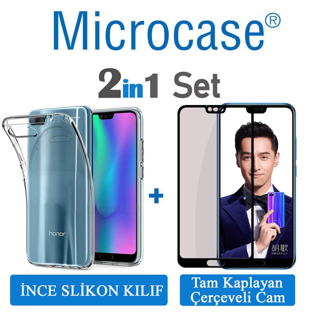 Huawei Honor 10 0.2 mm İnce Silikon Kılıf + Tam Kaplayan Cam