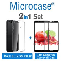 Huawei Honor 7C 0.2 mm İnce Silikon Kılıf + Tam Kaplayan Cam