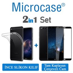 Huawei Honor 7X 0.2 mm İnce Silikon Kılıf + Tam Kaplayan Cam