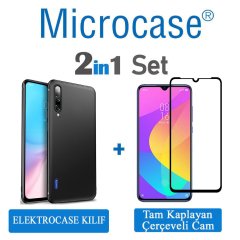 Microcase Xiaomi Mi CC9E Mi A3 Elektrocase Serisi Silikon Kılıf + Tam Kaplayan Çerçeveli Cam - Siyah