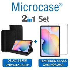 Microcase Samsung Galaxy Tab S6 Lite 10.4 P610 Delüx Serisi Universal Standlı Deri Kılıf - Siyah + Tempered Glass Cam Koruma