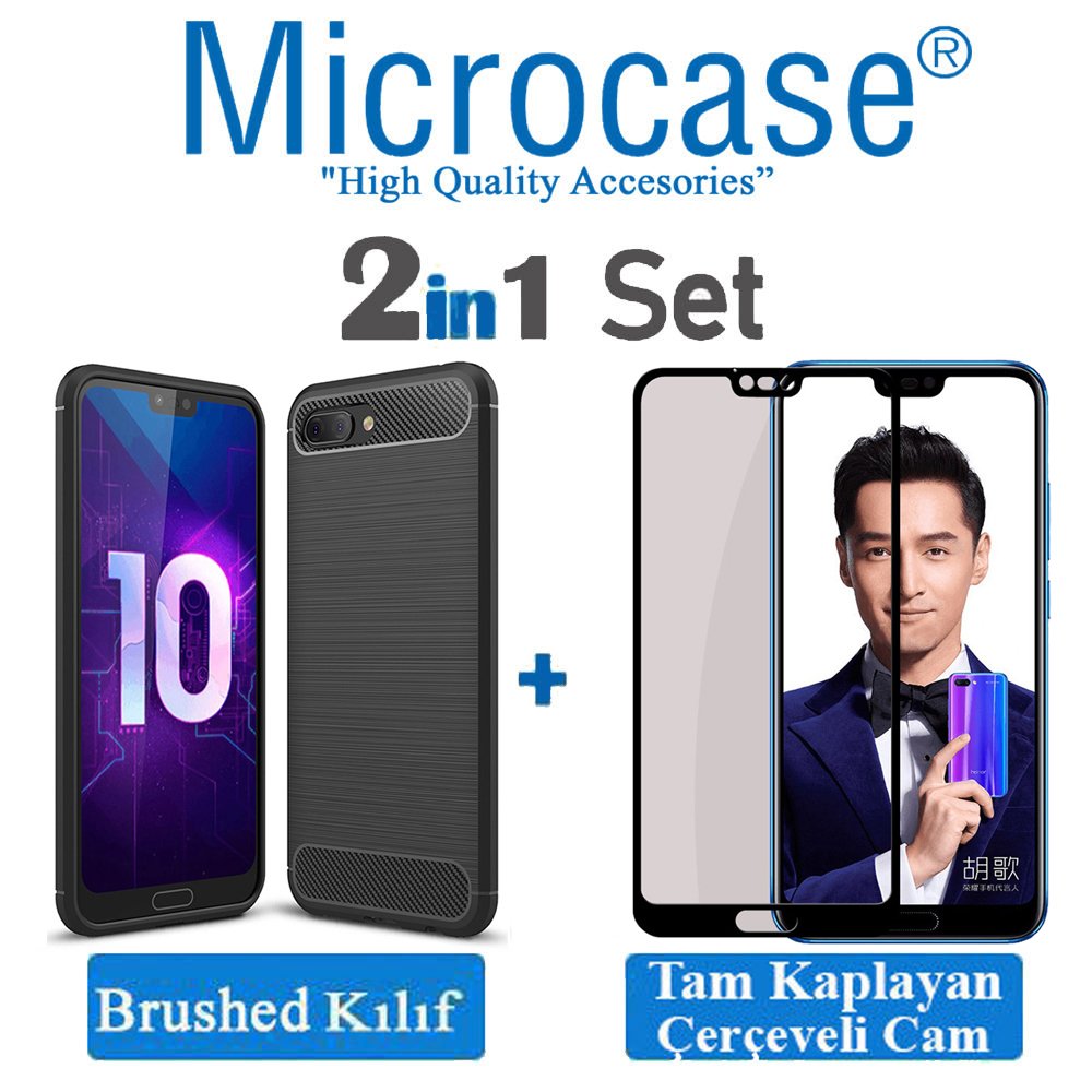 Huawei Honor 10 Brushed Silikon Kılıf + Tam Kaplayan Cam