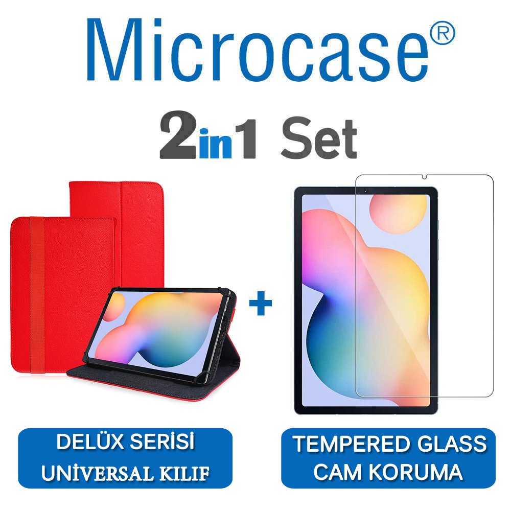 Microcase Samsung Galaxy Tab S6 Lite 10.4 P610 Delüx Serisi Universal Standlı Deri Kılıf - Kırmızı + Tempered Glass Cam Koruma