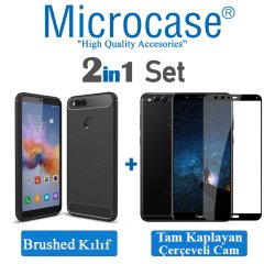 Huawei Honor 7X Brushed Silikon Kılıf + Tam Kaplayan Cam