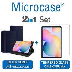 Microcase Samsung Galaxy Tab S6 Lite 10.4 P610 Delüx Serisi Universal Standlı Deri Kılıf - Lacivert + Tempered Glass Cam Koruma