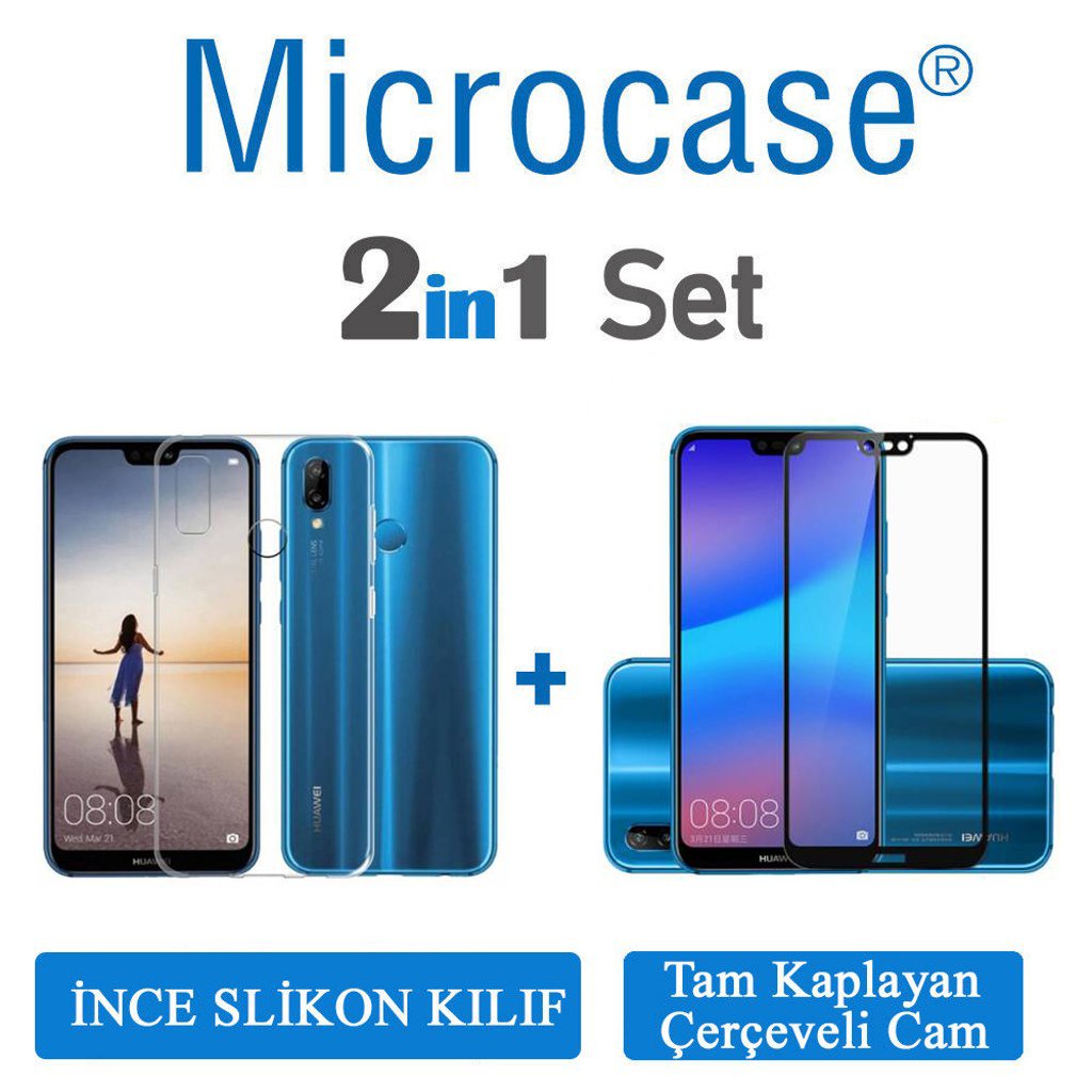 Microcase Huawei P20 Lite İnce Silikon Kılıf + Tam Kaplama Cam