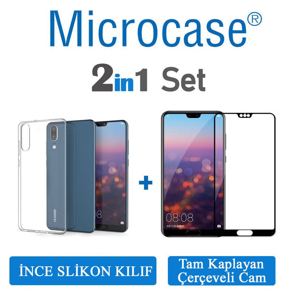 Microcase Huawei P20 İnce Silikon Kılıf + Tam Kaplama Cam