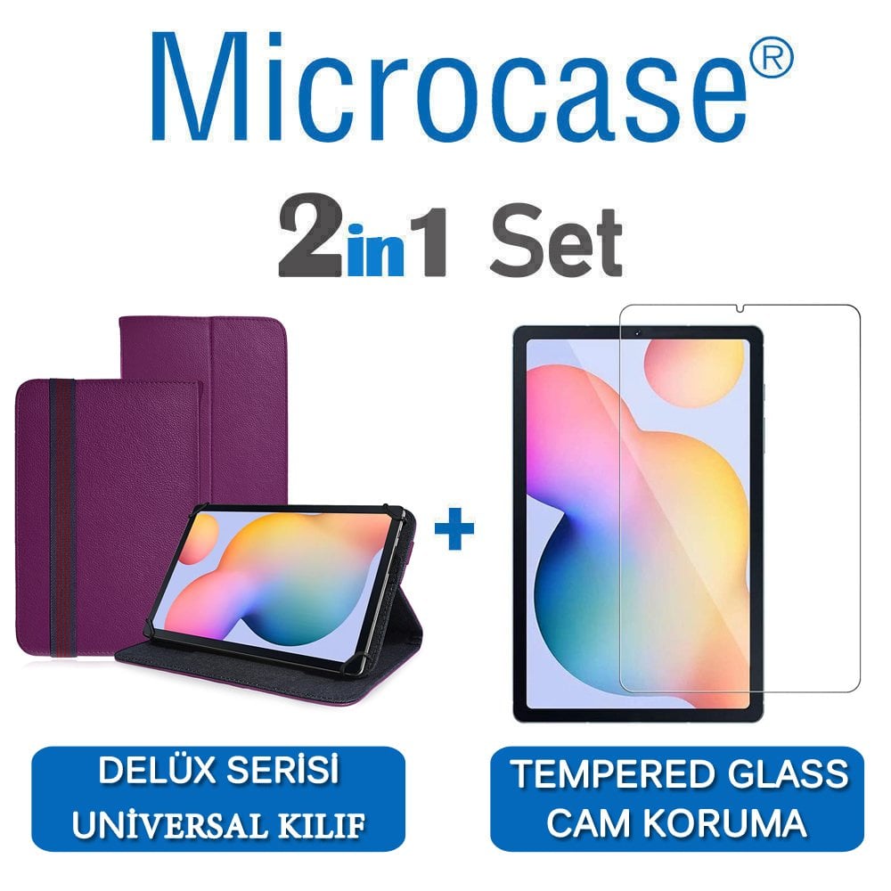 Microcase Samsung Galaxy Tab S6 Lite 10.4 P610 Delüx Serisi Universal Standlı Deri Kılıf - Mor + Tempered Glass Cam Koruma