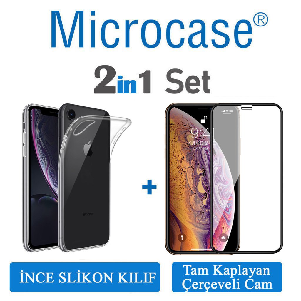iPhone XR 0.2 mm İnce Silikon Kılıf + Tam Kaplayan Cam