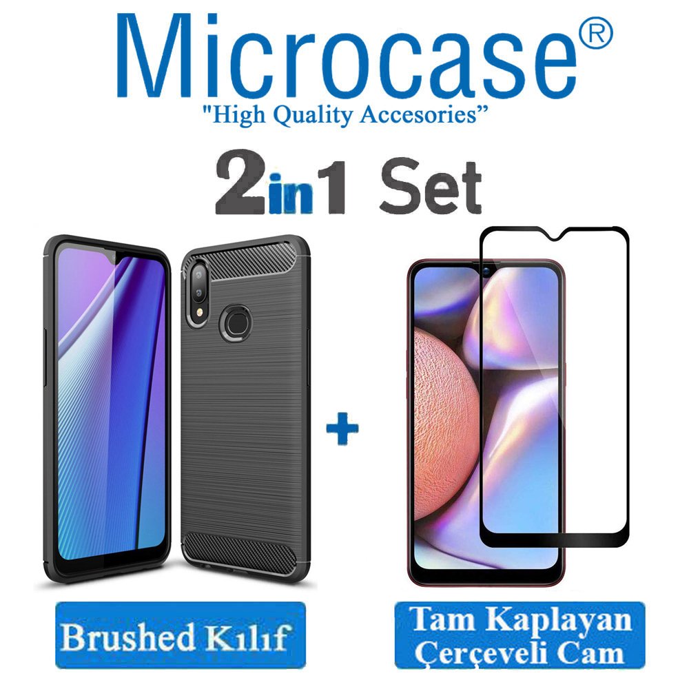 Microcase Samsung Galaxy A10s Brushed Carbon Fiber Silikon Kılıf Siyah + Tam Kaplayan Çerçeveli Cam