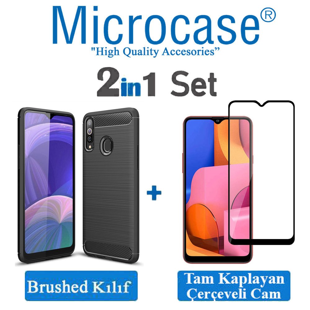 Microcase Samsung Galaxy A20s Brushed Carbon Fiber Silikon Kılıf Siyah + Tam Kaplayan Çerçeveli Cam