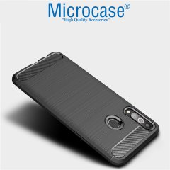Microcase Samsung Galaxy A20s Brushed Carbon Fiber Silikon Kılıf Siyah + Tam Kaplayan Çerçeveli Cam