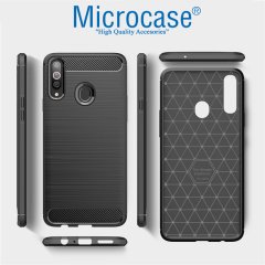 Microcase Samsung Galaxy A20s Brushed Carbon Fiber Silikon Kılıf Siyah + Tam Kaplayan Çerçeveli Cam