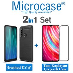 Microcase Xiaomi Redmi Note 8 Brushed Carbon Fiber Silikon Kılıf Siyah + Tam Kaplayan Çerçeveli Cam