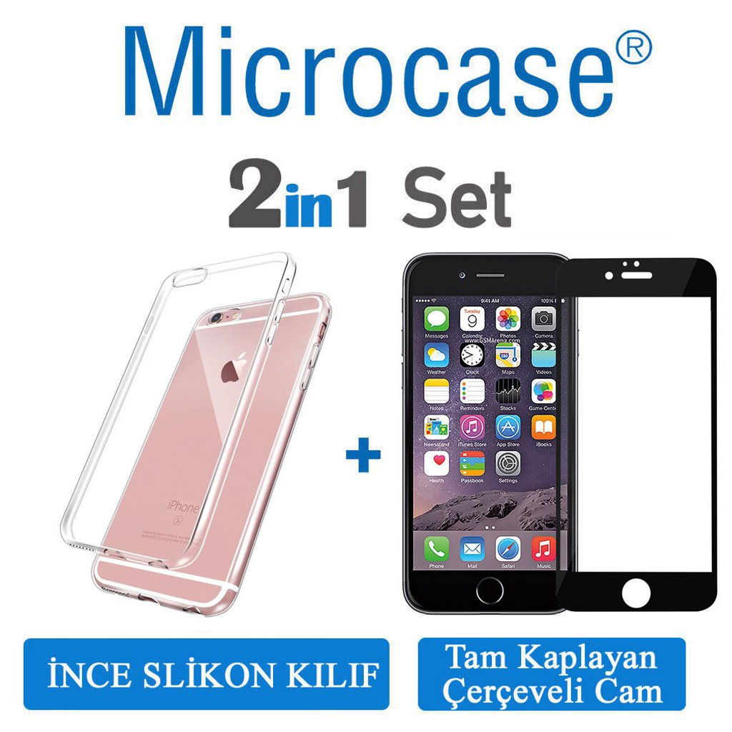 iPhone 6 Plus 0.2 mm İnce Silikon Kılıf + Tam Kaplayan Cam